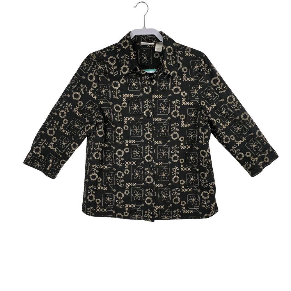 ALFRED DUNNER Blouse Women 12 Black Floral Geometric 3/4 Sleeve Linen Blend